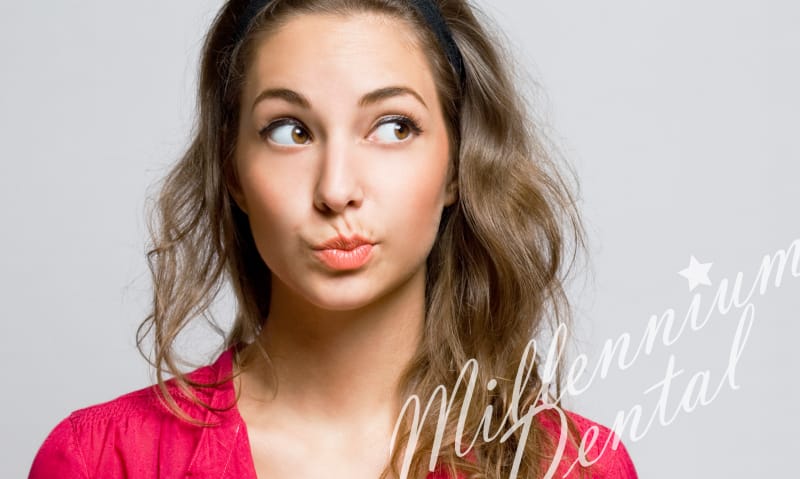 lady in red looking anxious