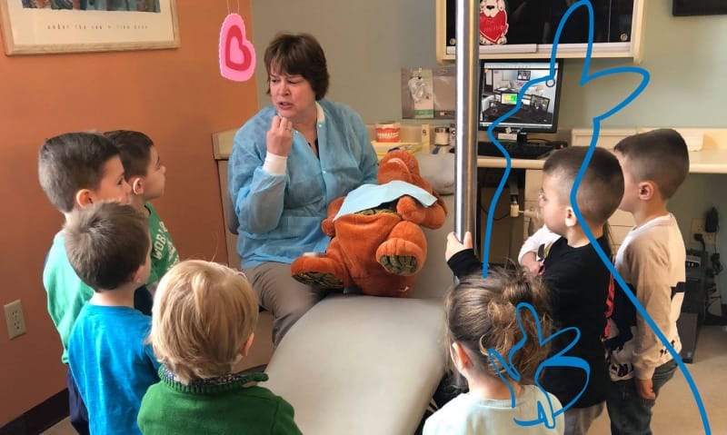 Pediatric Dentist explaining oral care to pediatric patient group