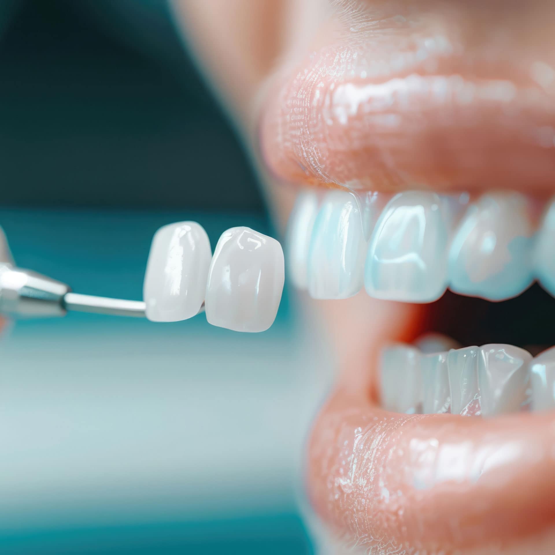 close up view of veneers being placed on teeth
